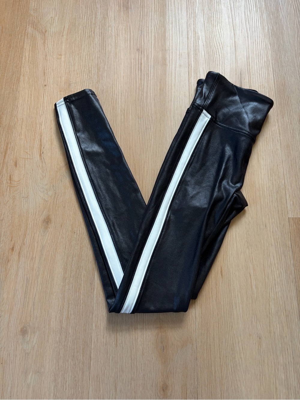 SPANX Black Faux Leather Leggings with White Side Stripe